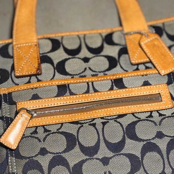 Coach Blue & Grey Signature Canvas Tote w/ Light Brown Trim - Picture 3 of 14